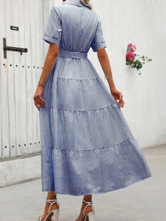 Boho Striped Butto Belted Short Sleeve Ruffle Hem Shirt dress - Picture 5 of 6